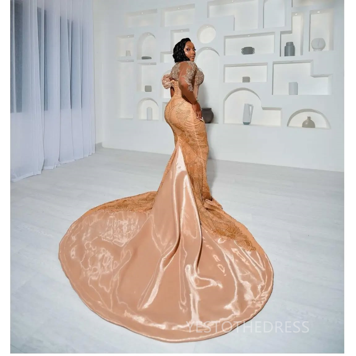 2025 Plus Size Aso Ebi Prom Dresses Mermaid Evening Dresses Illusion Sheer Neck Long Sleeves Appliqued Beaded Lace Birthday Dress Second Reception Gow