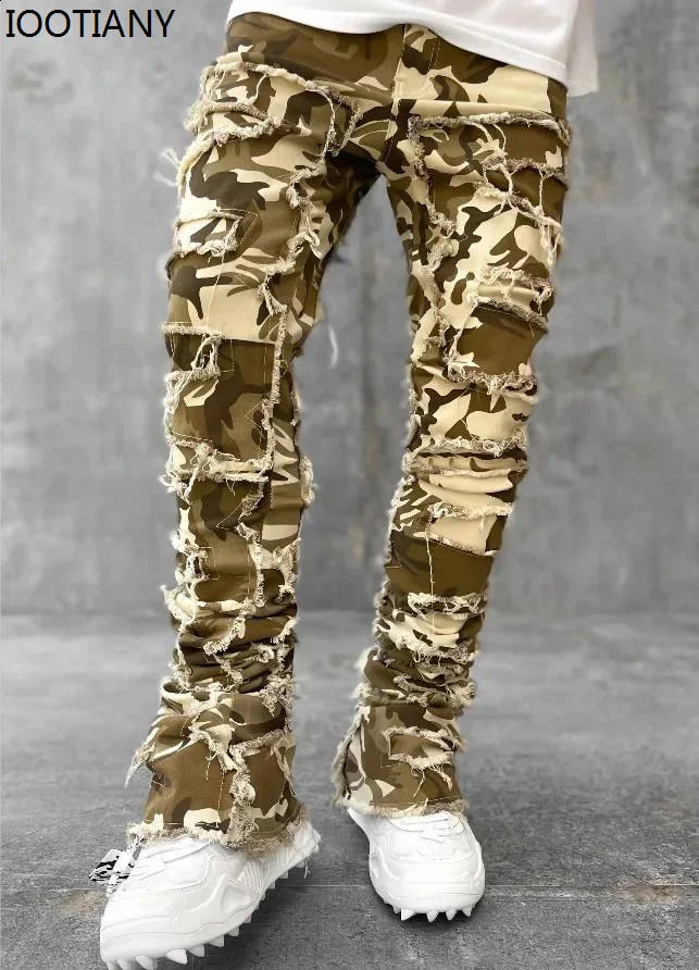 Fashion Stretch Jeans for Men Stacked Jeans Elastic Waist Straight Matching Patch Work Denim Pants Edge Tearing Jeans for Men 250118