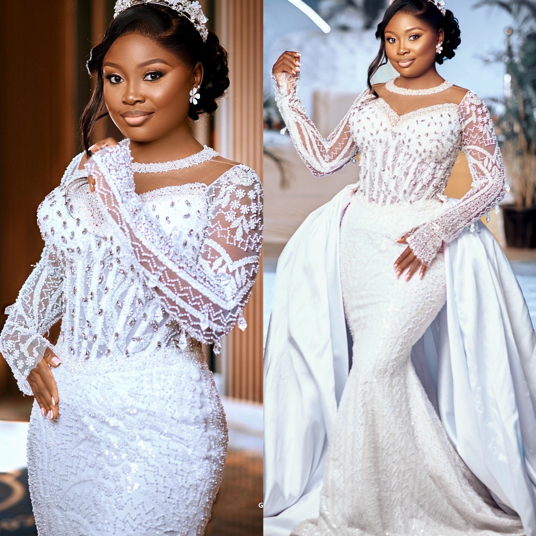2025 Arabic Aso Ebi Plus Size White Wedding Dresses Crystals Beaded Full Sleeves Detachable Train Bridal Gowns Dress For Bride