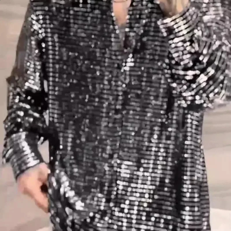 Nightclub mens long sleeved summer loose collared single chest sequined casual shirt 250110