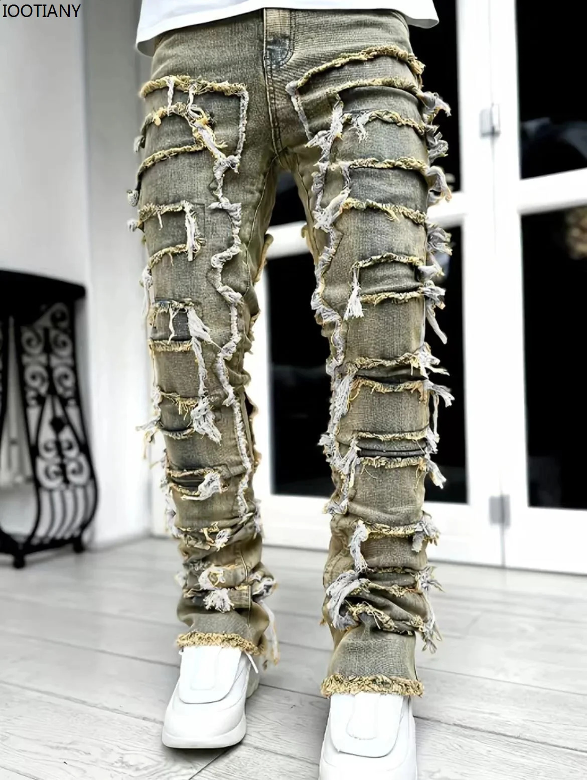 Fashion Stretch Jeans for Men Stacked Jeans Elastic Waist Straight Matching Patch Work Denim Pants Edge Tearing Jeans for Men 250118