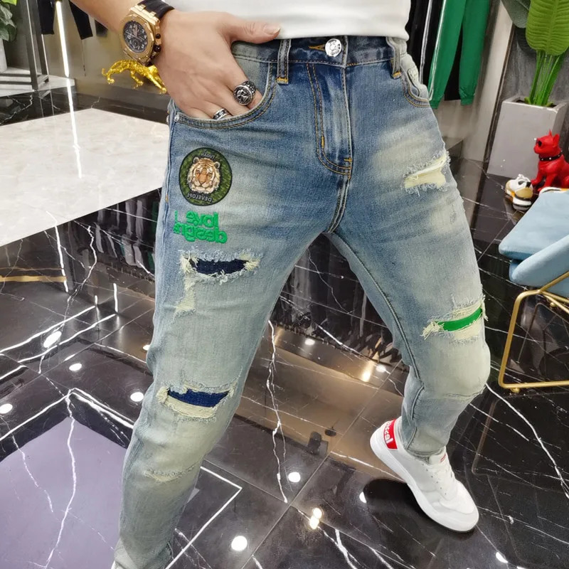 mens open top patchwork jeans embroidered leggings high-quality ultra-thin retro blue hip-hop jeans streetwear mens denim Trouser 250118