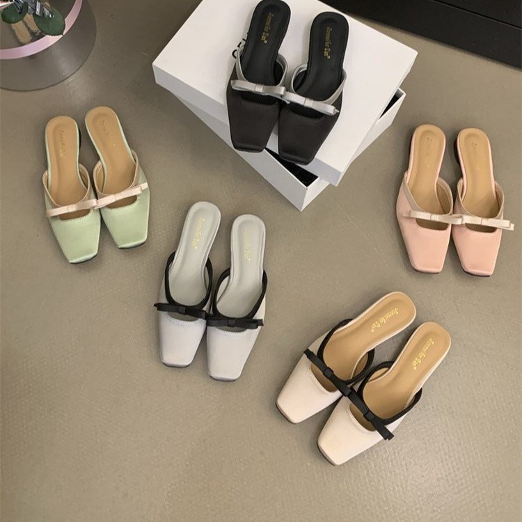 Women Slippers Fashion Flat Bottom Bow Design France NEW Gentle Style Triple Black Beige Green Pink Grey Free shipping