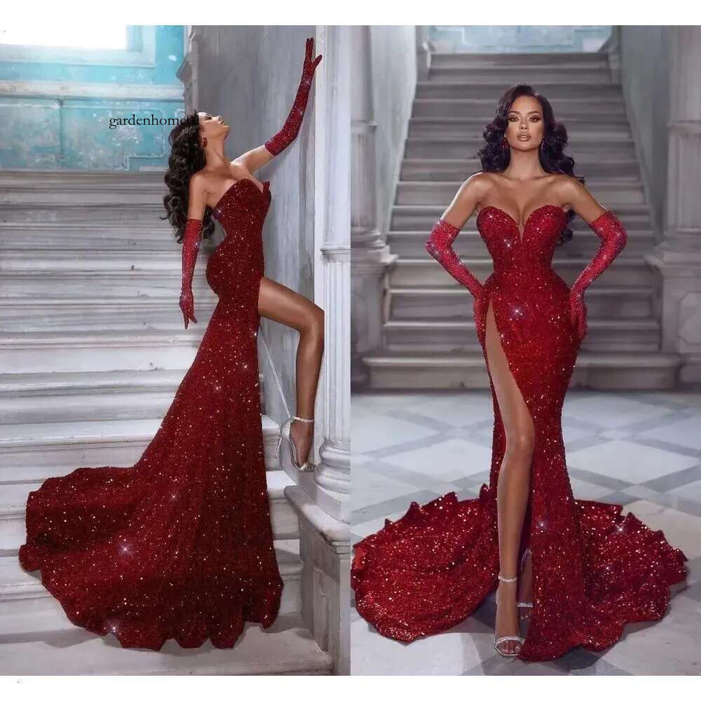 Red Sparkle Sequined Evening Dresses Sexy High Thigh Split Women Ocn Party Gowns Off Shoulder Backless Sweetheart Vestidos De Fiesta Bc