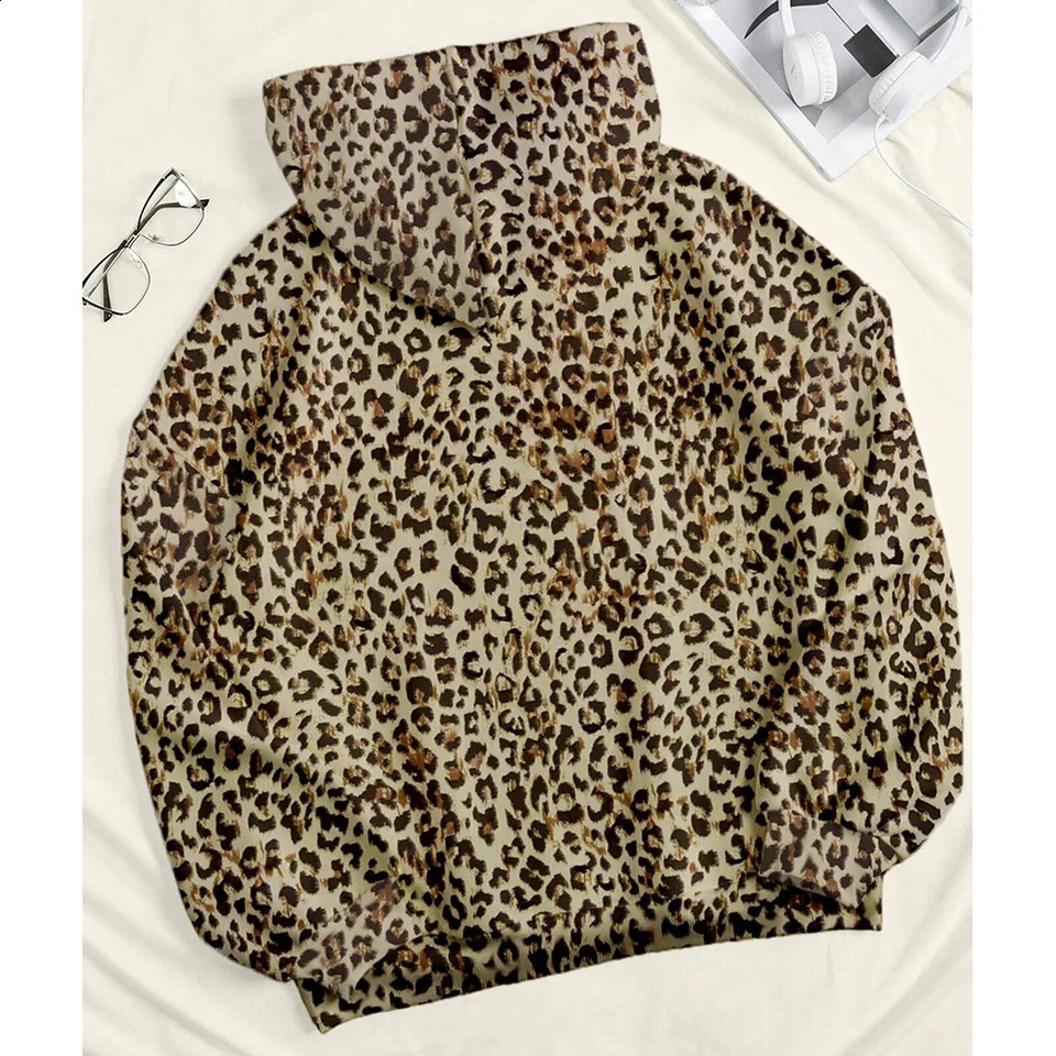 Autumn and Winter Casual Loose Leopard Print Warm Hoodie For Plus Size Women Casual Pullover Unisex Top Hoodie Sweatshirt 250113