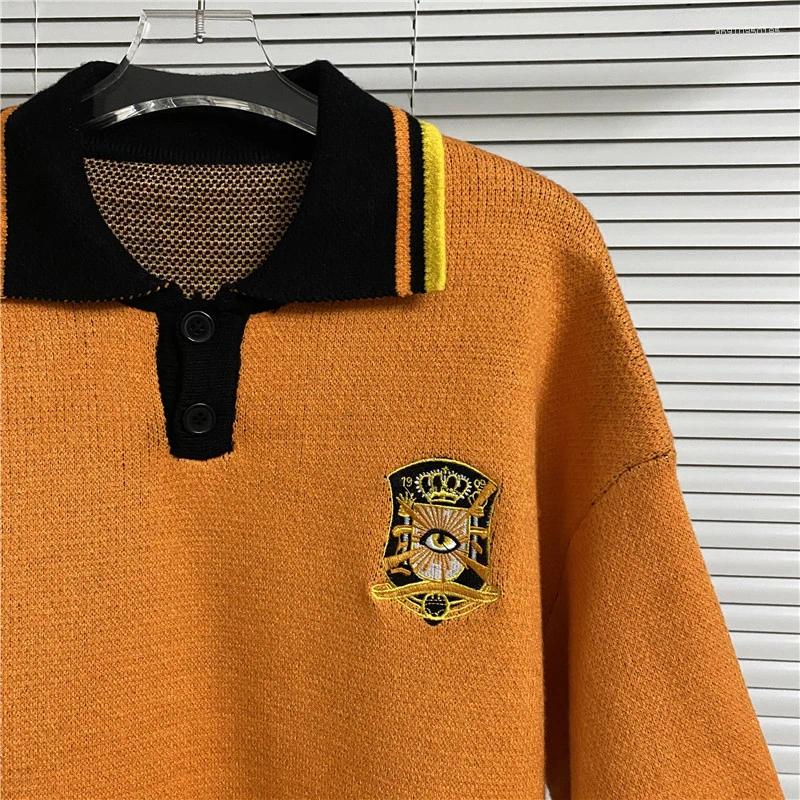 Men's Polos House Of Error Eye Truth Diamond Vertical Pattern Collision Jacquard Polo Collar Orange Short Sleeve Sweater Clothing