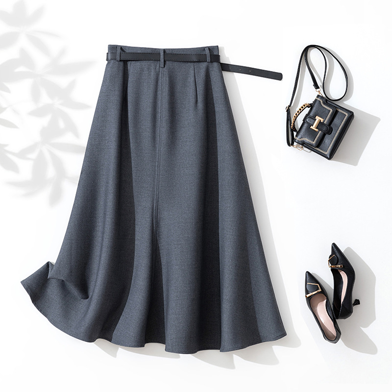 D6190 Spring and Autumn new high waist skirt mid-length style Slimming and hip-covering versatile long skirt temperament A-line skirt umbrella skirt