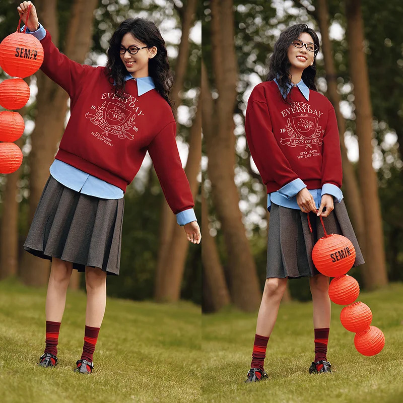 Semir Hoodie Women n-featured Embroidered Loose and Lazy 2025 Spring Round-neck Drop-shoulder Pullover Fashionable 250113