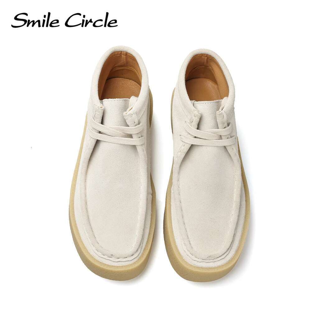 Smile Circle Cow Suede Leather Women Lace up Ankle Boots Thick Bottom Comfortable Flat Casual Shoes