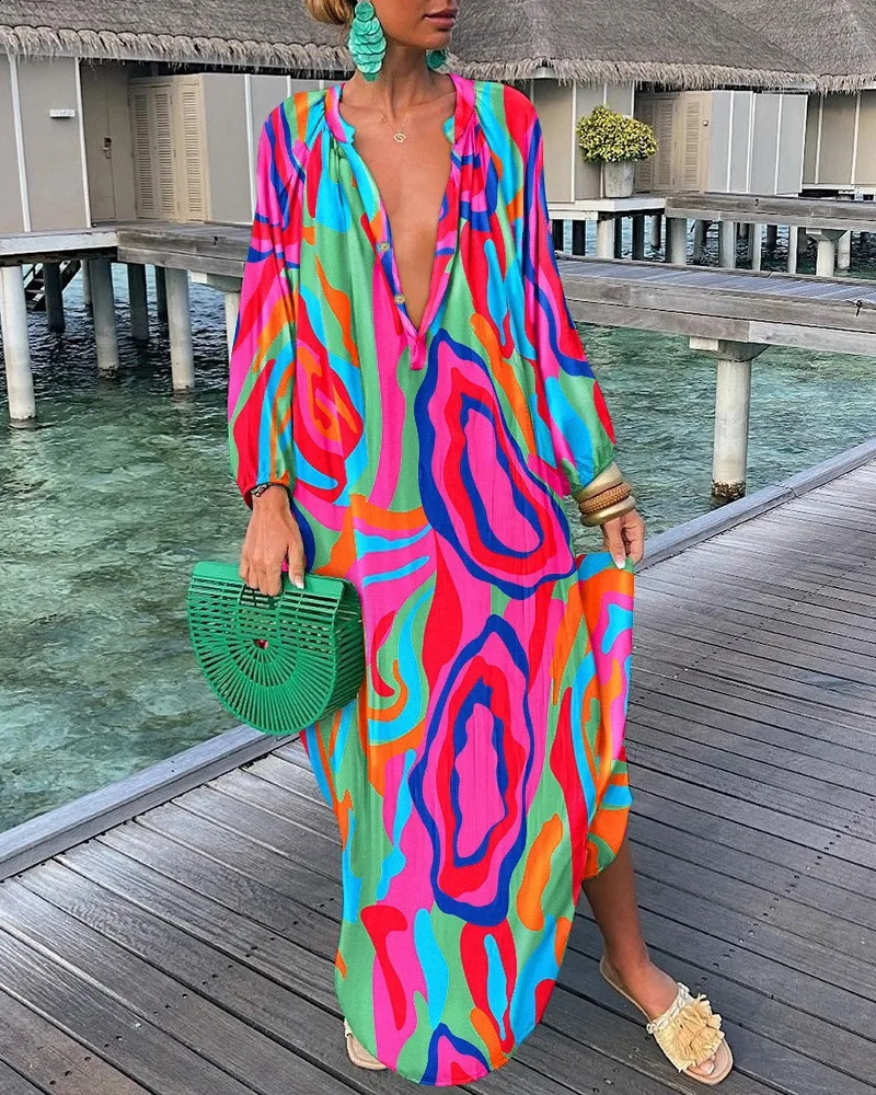 Elegant Womens Maxi Dresses Summer Casual Fashion Retro Print V Neck Loose Boho Long Vacation Beach Dress Female Robes 250121