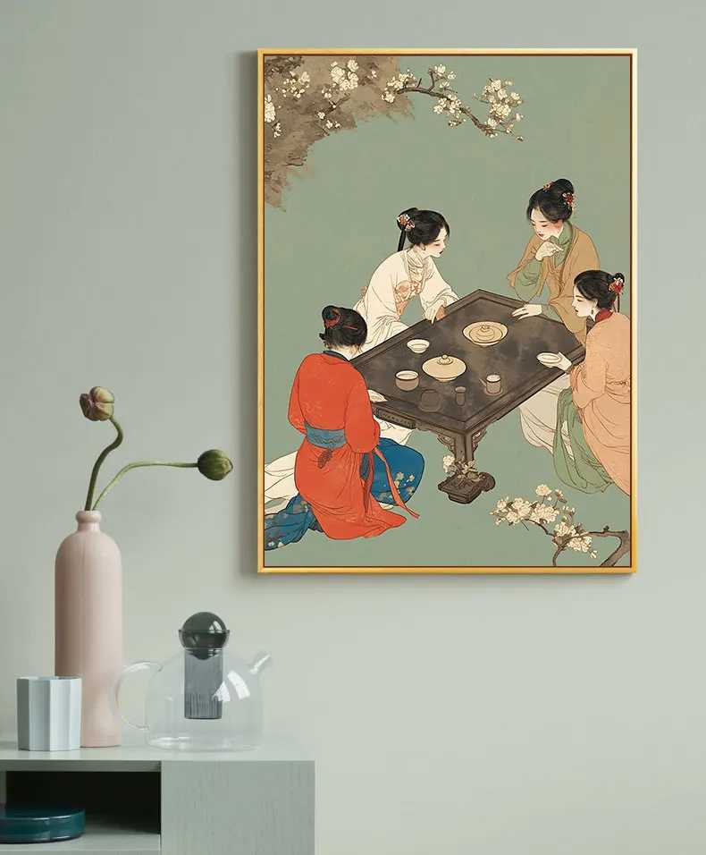 Chinese Style Illustration Lady Chat Whispering In Her Boudoir Posters Canvas Painting Wall Art Picture Ro He Decor Gifts Y250122