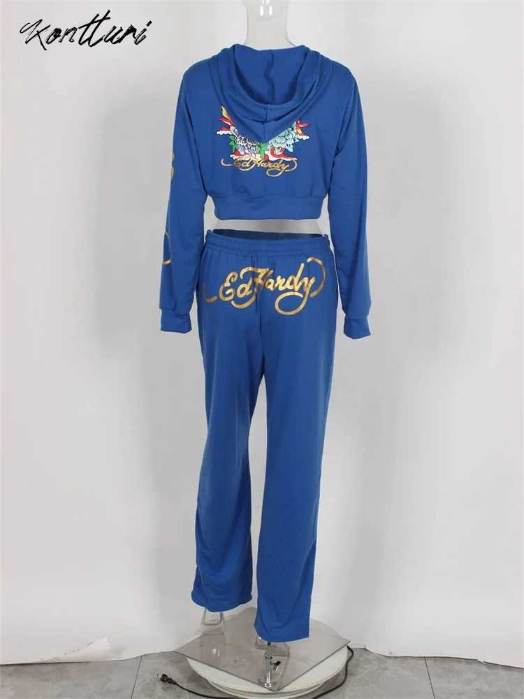 Women's Two Piece Pants Contour Y2k Clothes Women 2024 Black Print Hoodie Sweatpant Fall Winter Blue Bodycon 2 Two Piece Outfits Pants Matching S