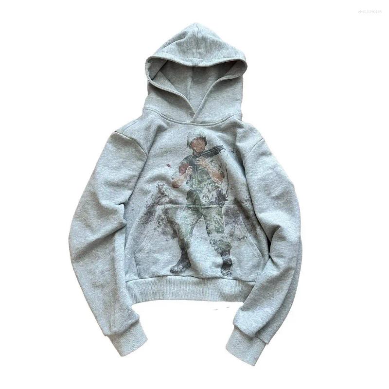 Mens Hoodies Oversized Loose Casual Soldier Printed Hoodie Retro Old Grey Streetwear Pullover Winter Cotton Sweatshirt Men Clothing