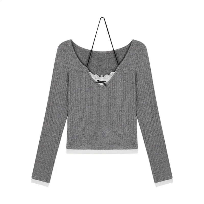Skinny T-shirts for Women Long Sleeve Gray Lace Bow Sweet Girls Spring Tops All-match Korean Style Young Fashion Fit Ins 250121