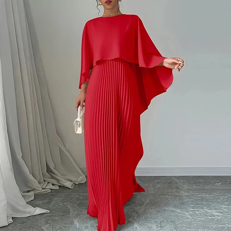 Women Elegant Crew Neck Irregular Shawl Vest Pleated Dresses Autumn Solid Color Cloak 2 Piece Set Loose Evening Gown Vacation 250113