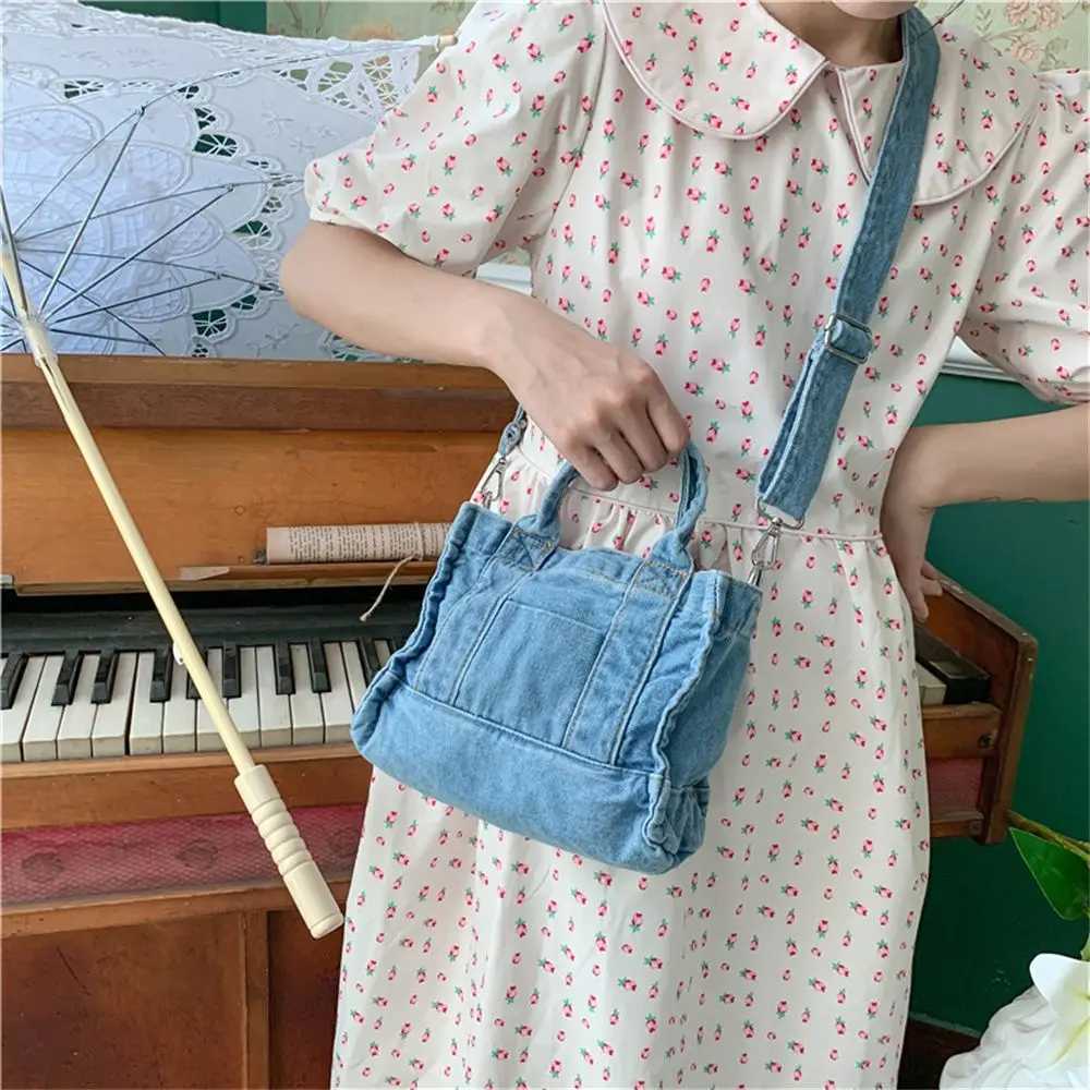 Denim Cloth Women Little Shoulder Bag Girl Light Blue Canvas Fabric Handbag Small Casual Tote Detachable Strap Lady Zipper Purse Y250121