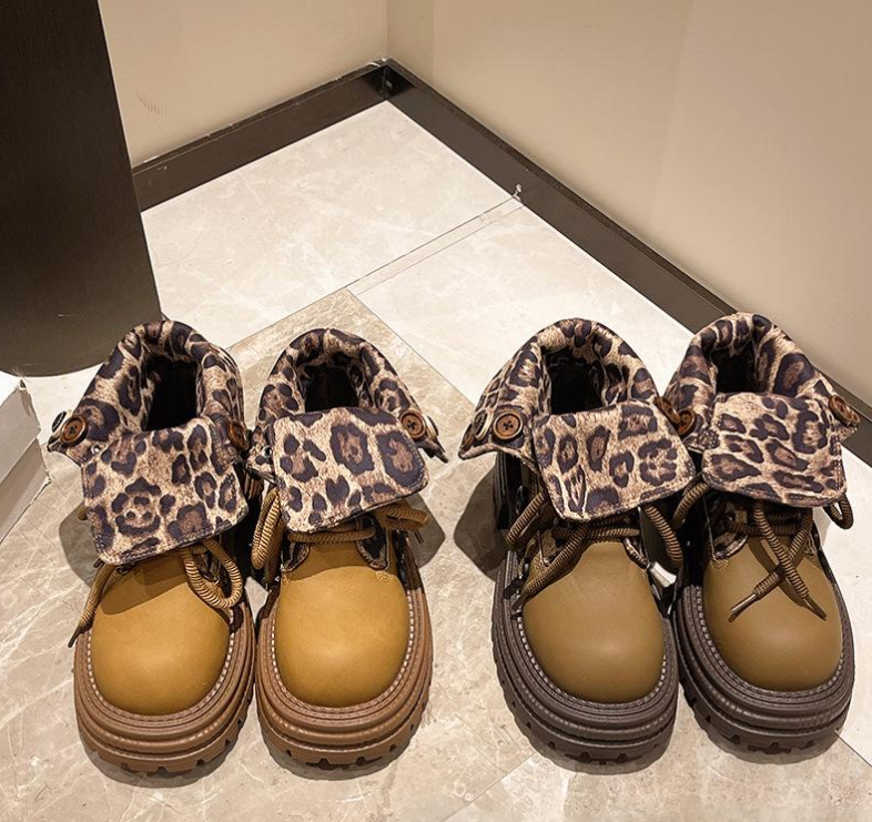 Women Boots Fashion Design Leopard Printing Thick Sole Versatile Triple Coffee hot Light Tan Free shipping