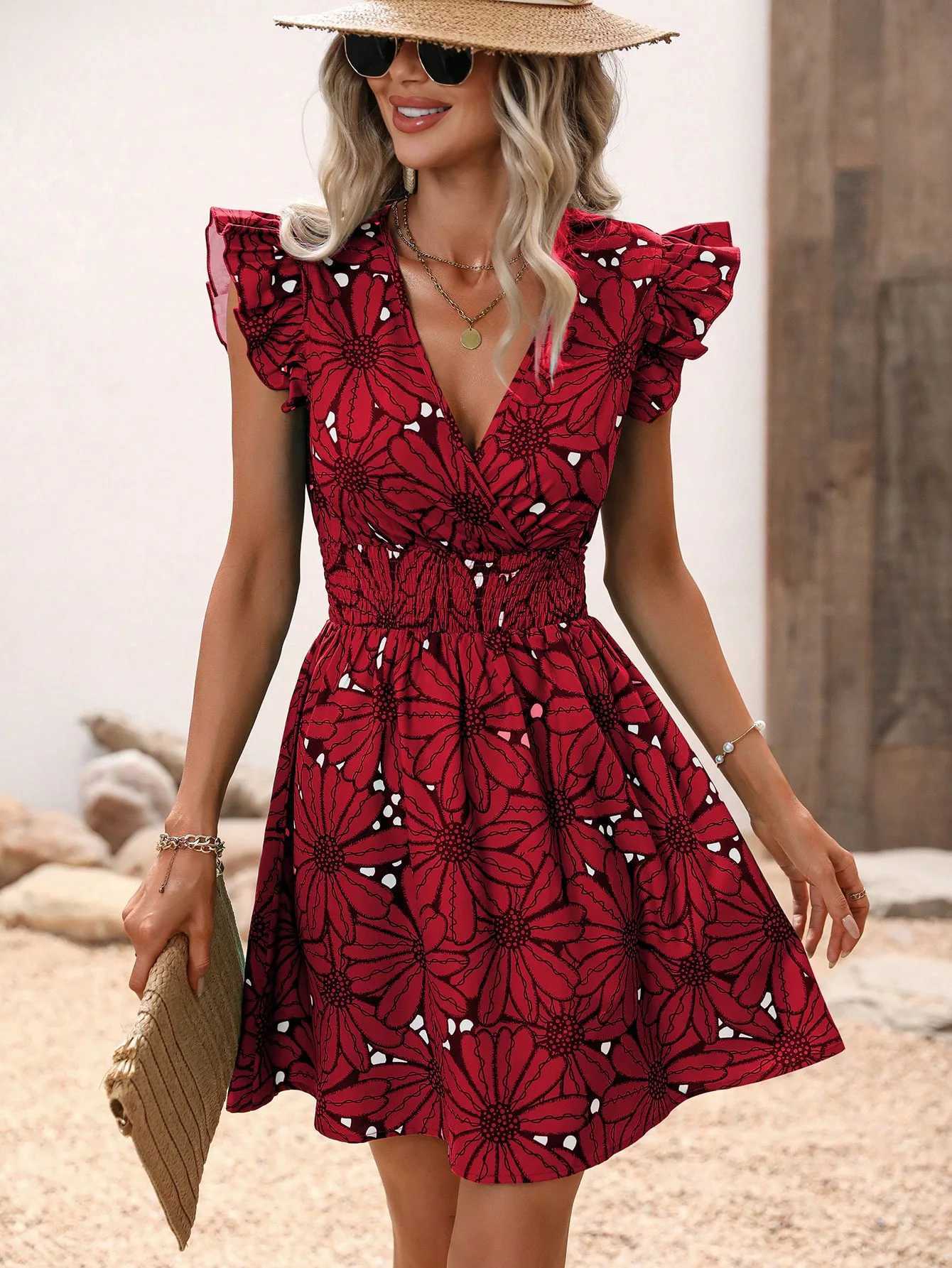 Basic Casual Dresses Chic Flower Print Vest A-Line Dress Women Summer V-Neck Mini Skirt Elegant Vacation Dresses H25217