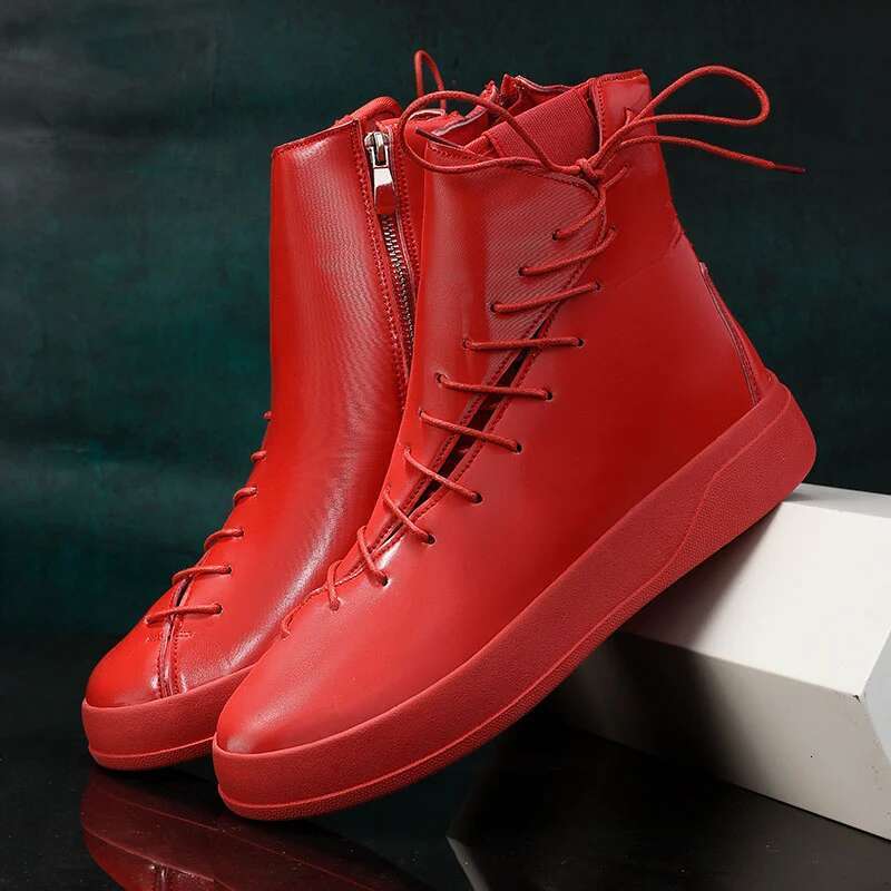 Trendy Red Mens Fashion Lace-up Sneakers for High Top Casual Flat Hip Hop Designer Shoes Men chaussure hommes
