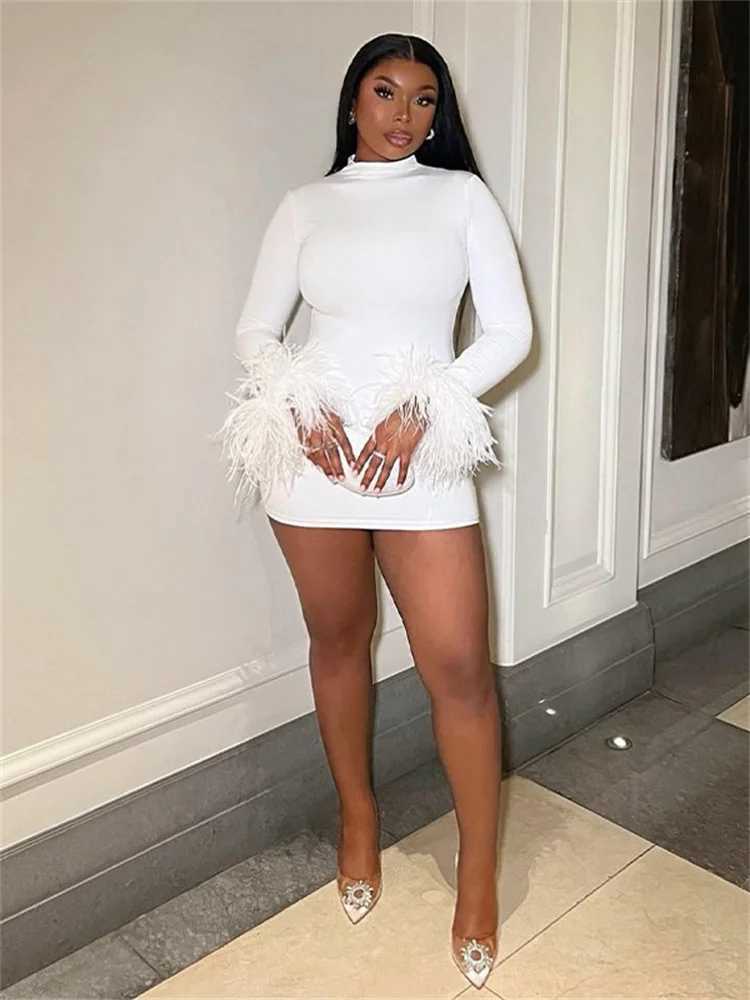 Basic Casual Dresses Weird Puss Feather Patchwork Dress Women Autumn Trend o-Neck Skinny Stretch Classic Solid Strtwear Full Slve Long Bodycon H25121