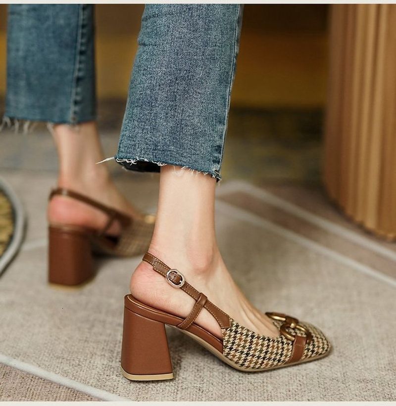 French Retro Metal Buckle Baotou Sandals Women S Spring And Summer New Style Back Empty Thick Heel High Heels Check 250318
