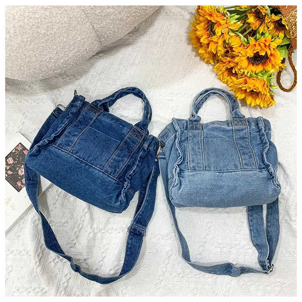 Denim Cloth Women Little Shoulder Bag Girl Light Blue Canvas Fabric Handbag Small Casual Tote Detachable Strap Lady Zipper Purse Y250121