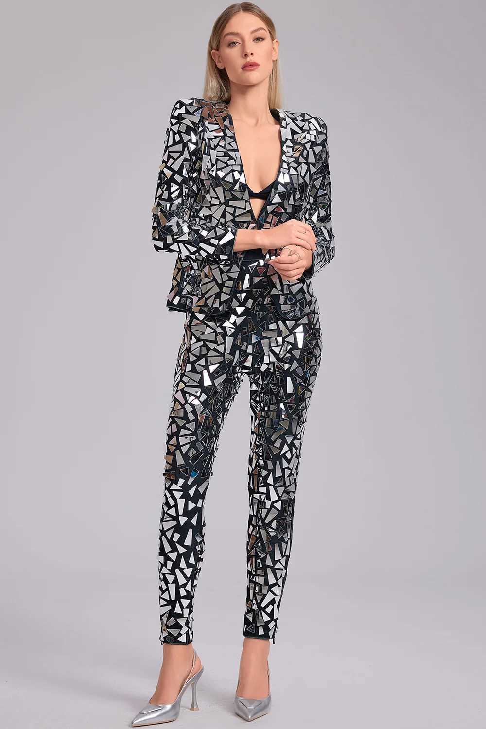 Women's Two Piece Pants Dp V Neck Mirror Sequin Two Piece Pant Set Party Club Office Lady Long Slve Matching Set Slim Casual Women Two Pieces Out