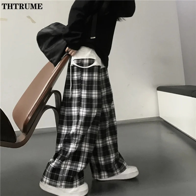 Fashion Oversized Drawstring Baggy Pants Women Black Plaid High Waist Unisex Hip Hop Pant Casual Loose Sweatpants Chic Trousers 250122