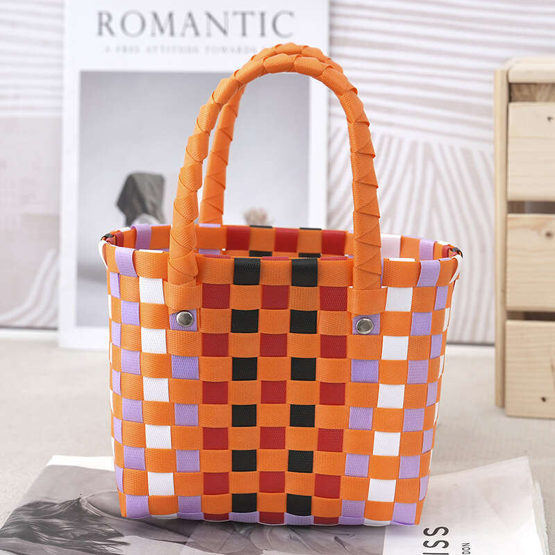 Colorful Mini Woven Vegetable Basket Bag, Carrying Basket, Children's Handbag, Contrasting Checkerboard Grid Beach Bags