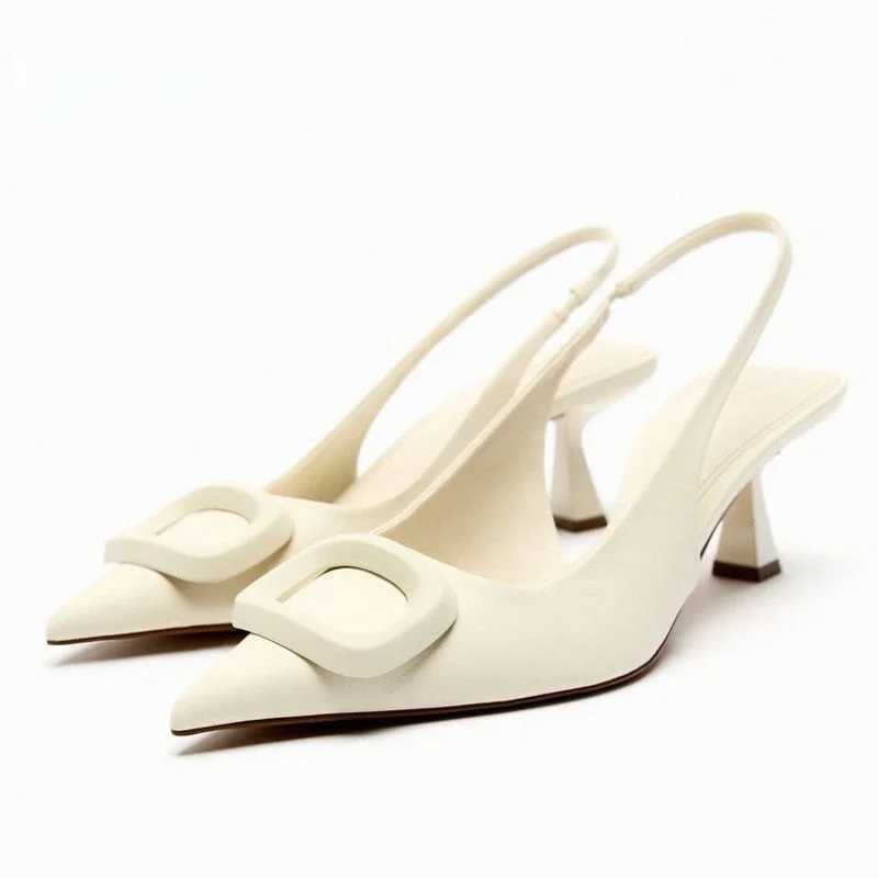 Elegant White Shoes for Wen Fashion Buckle Design 2024 Summer High Heeled Slingback Stiletto Pointed Toe Fem Off Sandals Z250122