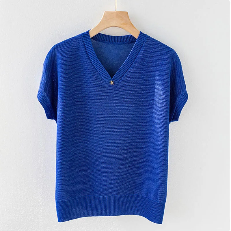 Summer Ice Silk Short Sleeve Tshirt Womens Loose Outwear Korean Solid Vneck Youthful Vitality Fashion Vintage Knit Thin Top 250120