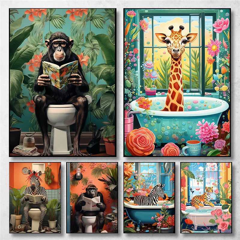 Funny Reading Newspaper on Toilet Tropical Bathroom Art Poster Canvas Painting Wall Prints Picture He Decor Y250122