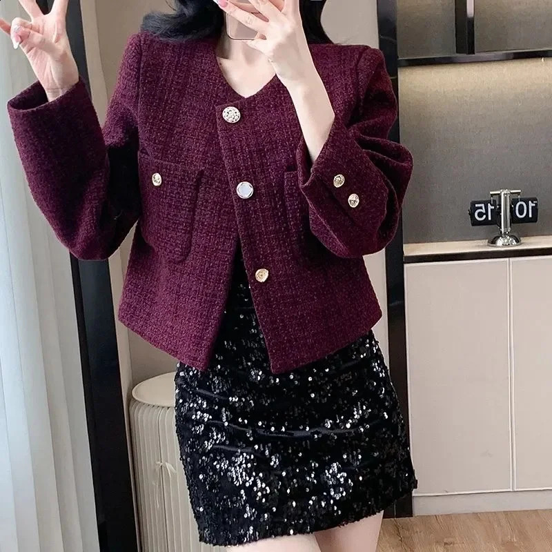 Autumn Winter Women Tweed Coat Korean Fashion Single Breasted Cropped Jacket Woman Elegant Loose Short Outerwear Clothes 250109