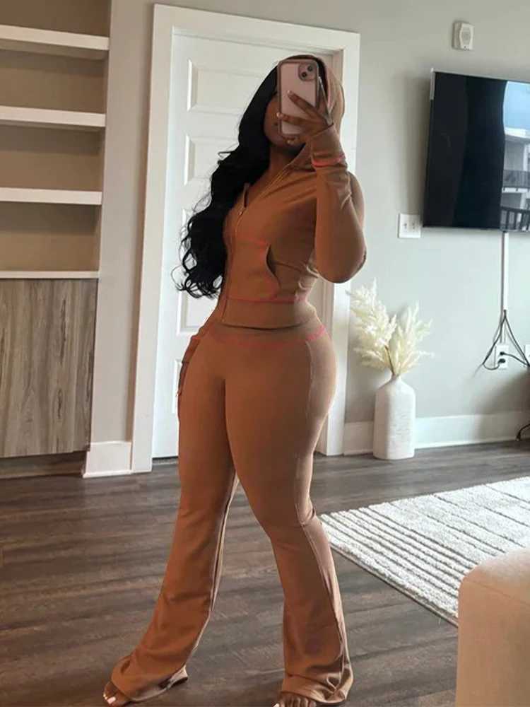 Women's Two Piece Pants Waffle Striped Women Outfits Hooded Tops and Flare Pants Suits 2024 Fall Lounge Wear Strt Baddies Tracksuit 2 Two Piece S