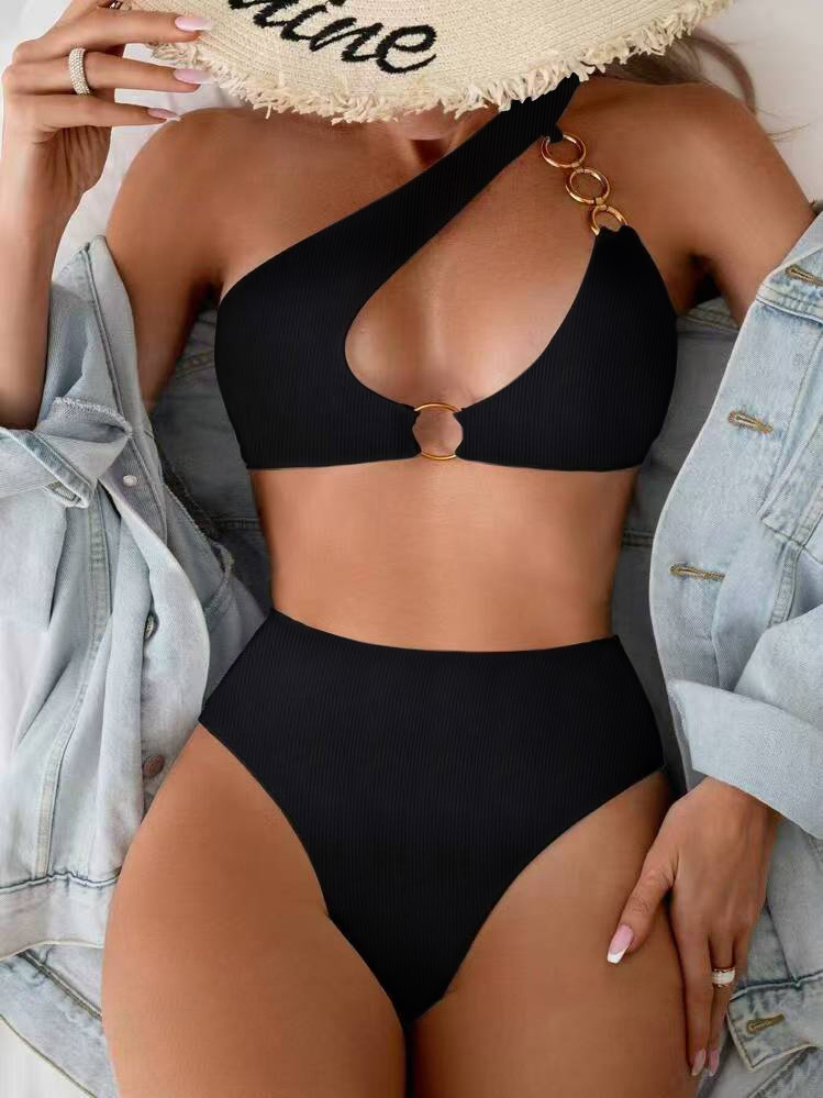 Women O-Ring Cutout Bikini Set Fashion One Shoulder Bikinis Ribbed Swimsuit Solid Colors Female Pool Bather High Waist Swimwear Two Piece Bathing Suit