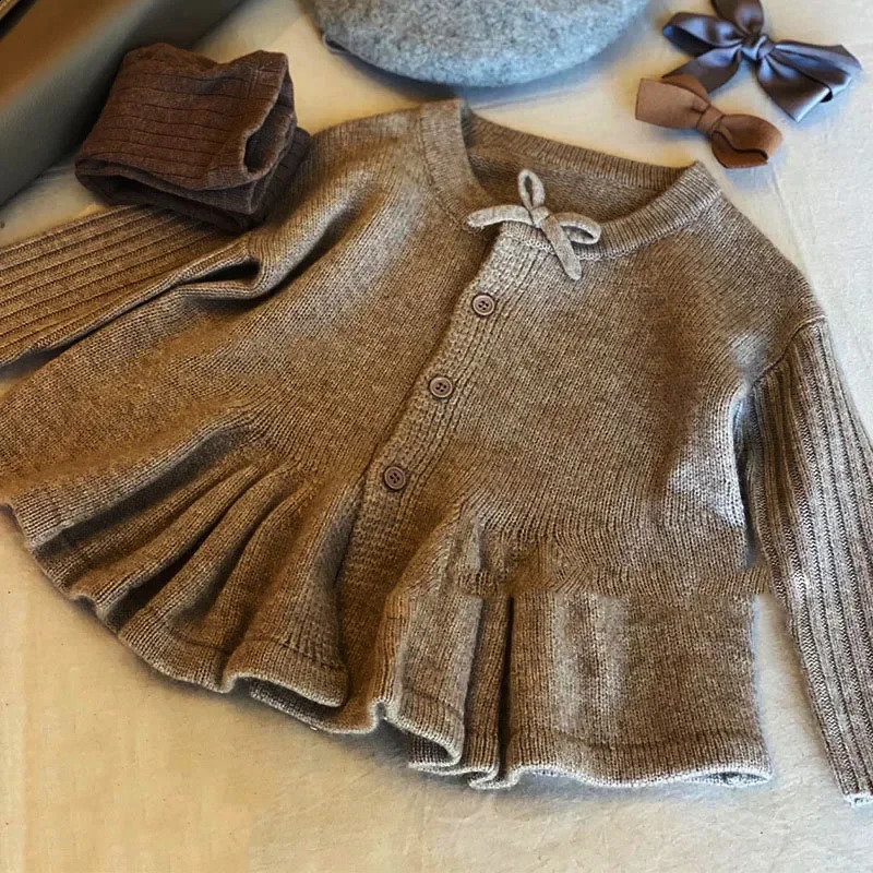 Korean childrens clothing autumn girls knitted cardigan single-breasted cute wool sweater for girls to wear outside 250120