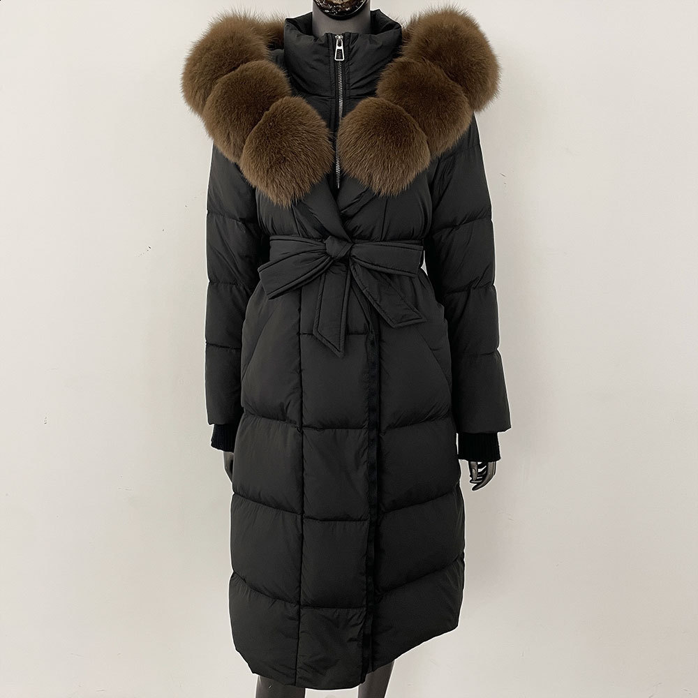 Fox fur big fur collar down jacket extended hooded winter style slimming waist cinched knee high thick womens jacket 211207