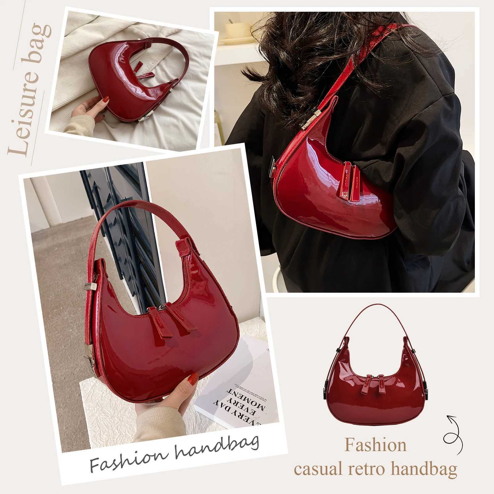 Vintage Leather Wine Red Shoulder Bags for Womens Patent Crescent Bag 2024 French Designer Small Handbag Ladies TotesC250401