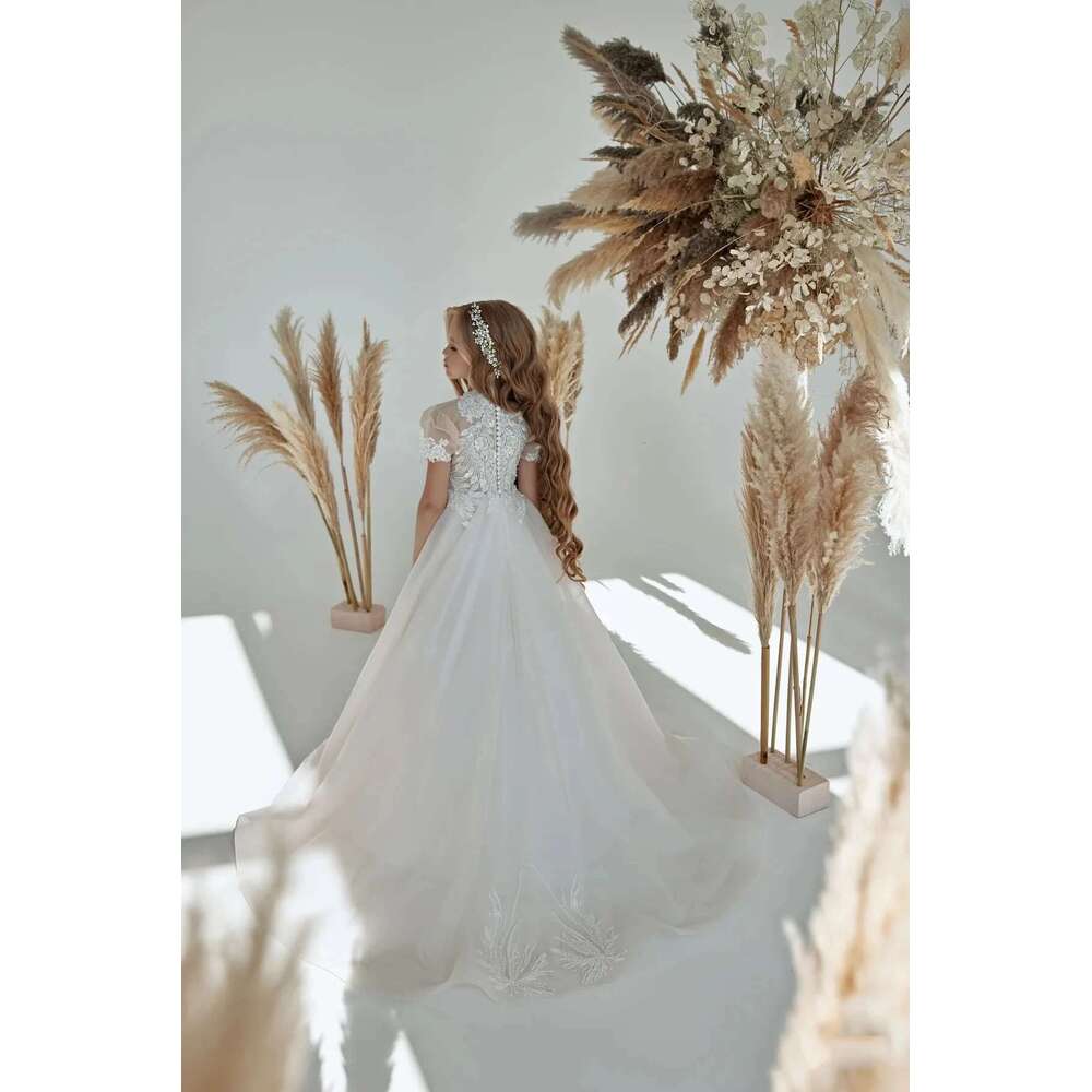 Short Sleeves Wer Girl For Weddings A-E Tulle Appliques Pearls Long First Communion Dresses Little Customized