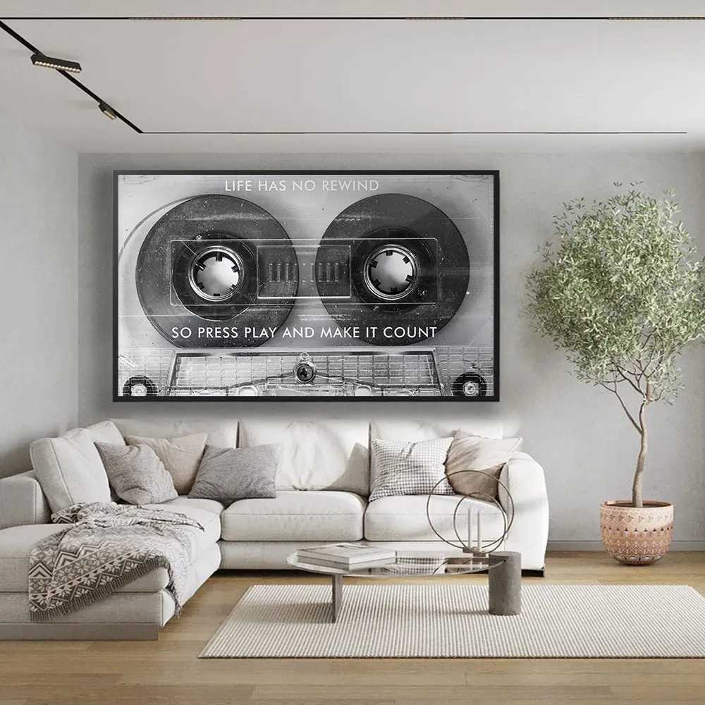 Life Has No Rewind Cassette Black and White Posters Print Motivational Quote Canvas Painting Success Quote Home DecorativeC250122