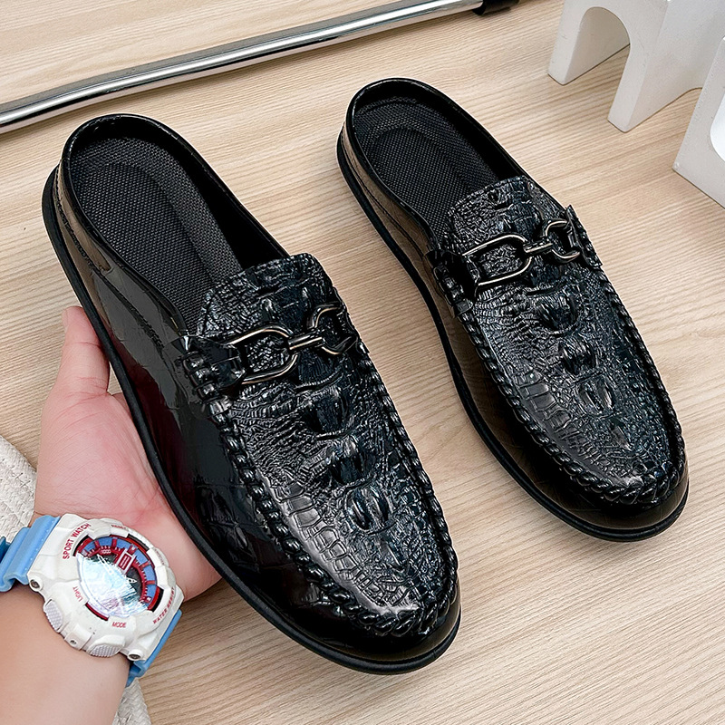 Men's summer half-drag peas Leather shoes Lazy slip-on leather shoes heelless breathable casual men's shoes 2025