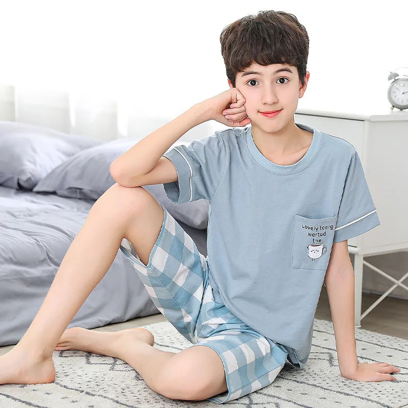 Teenage Boys Girls Pajamas Summer Short Sleeved Childrens Clothing Sleepwear Cotton Pyjamas Sets For Kids 8 10 12 14 16 Years 250121