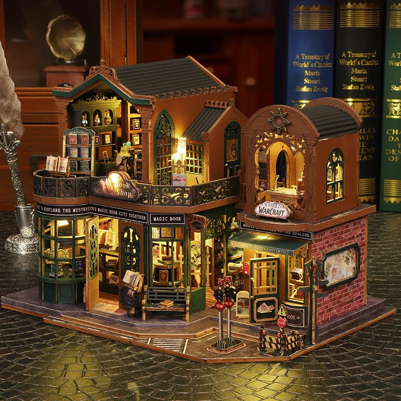 2014 DIY Big Doll House Wooden Mini Furniture Twilight Bookstore Dollhouse Handmade Home Model Assembly Toy Birthday Gift 250110