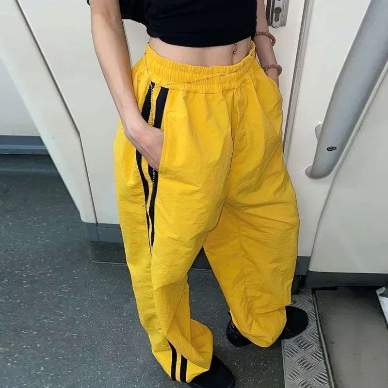 Y2K Vintage White Sweatpants Women Streetwear Hip Hop Quick Dry Yellow Joggers Oversize American Retro Striped Track Pants 250118