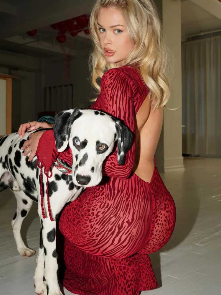 Basic Casual Dresses Articat Fashion Long Slved Hollow Out Open Back Mesh Dress For Women Print Elegant Female New Slim Party Evening Dress 2024 H2512