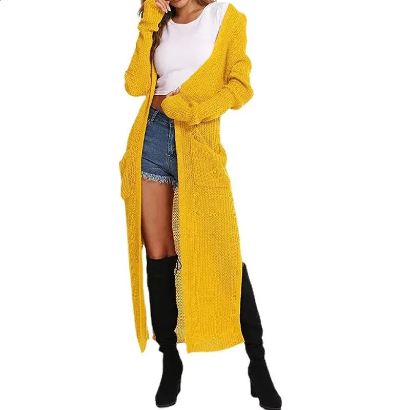 Women Solid Color Loose Cardigan Knitted Sweater 2023 Autumn Winter Coat Long Sleeve Pocket 250109Z