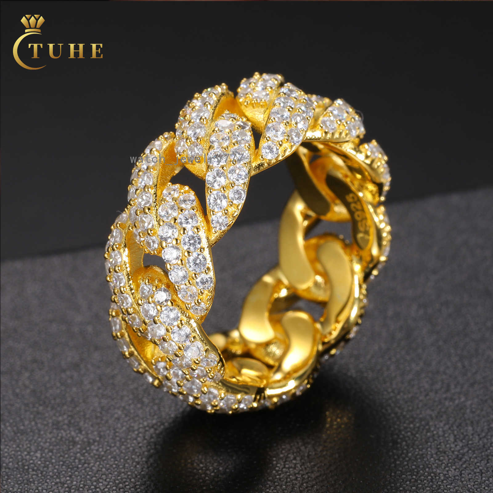 Wholesale Bg Hip Hop Jewelry 9mm Gold Plated Sterg Sier VVS Moissanite Dia Iced Out Cuban Band Ring For Men