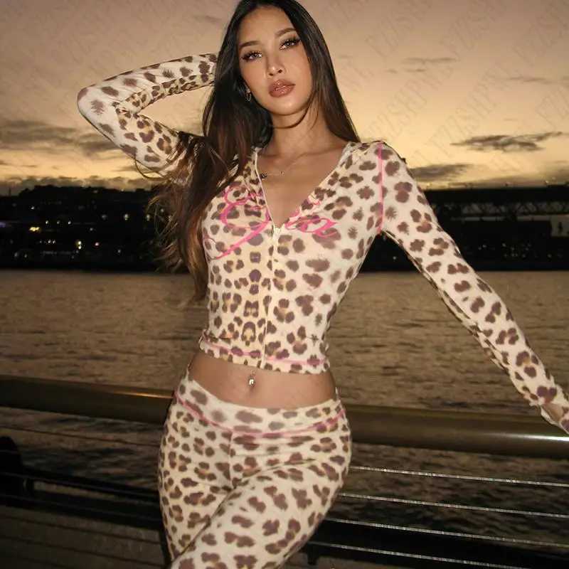 Women's Two Piece Pants Leopard Print Slim Fit Sexy Set Comfortable Soft Harajuku Aesthetics Cardigan Punk Grunge Gothic Strtwear Emo-Girl Pants 