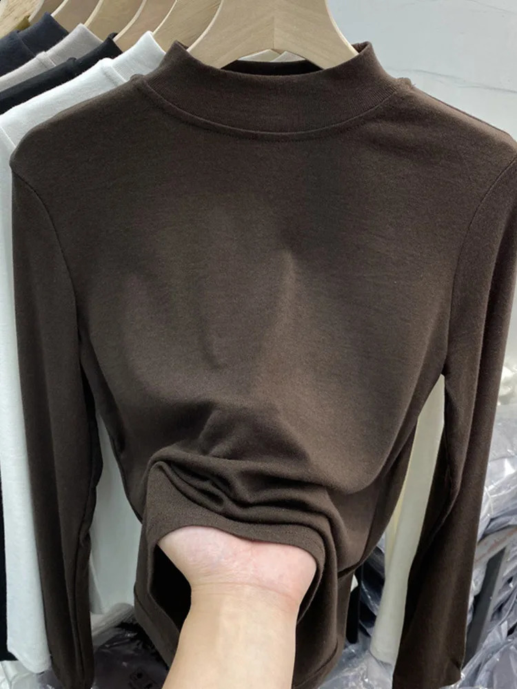 Basic High Quality Pure Cotton White T-shirt for Women Elegant Slim Top Womens Half Turtleneck Long Sleeve T-shirts 250121