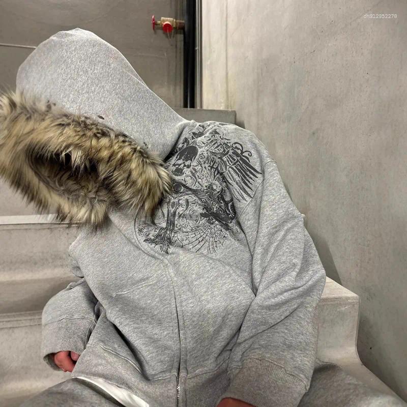 Men's Hoodies Skull Printed Gothic Black Faux Fur Collar Hooded Coats Zipper Fleece Hip Hop Sweatshirts Oversized Jackets Men